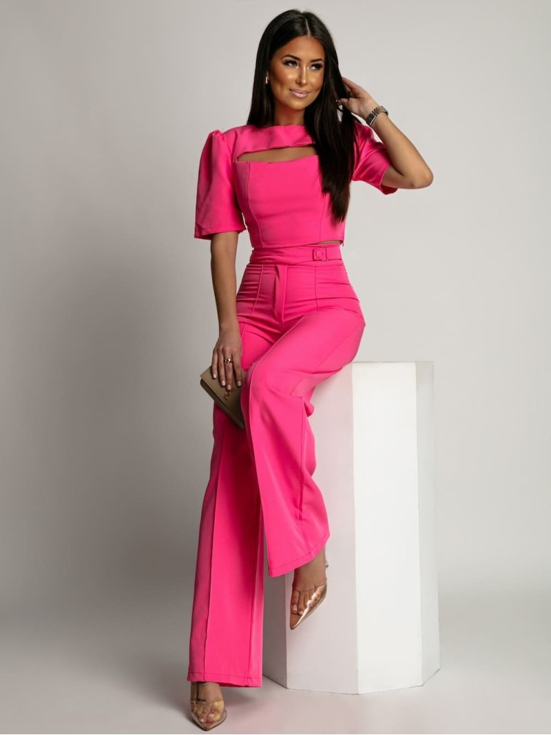 Elegant set of short blouse and wide pants, dark pink AZR243041